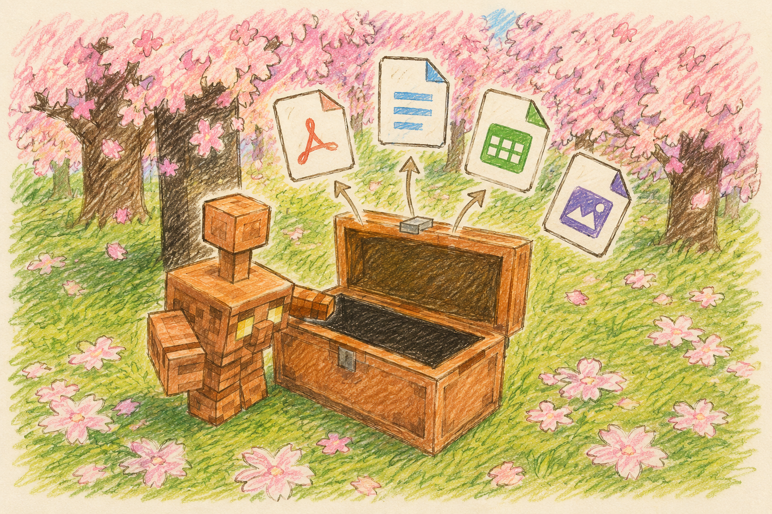 桜の下で、木のロボットが開いた箱からファイル（PDF・文書・表計算・画像）を取り出して仕分けている手描きのイラスト